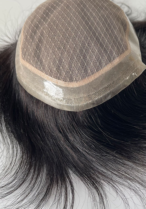 M-Lace | 6" 110% Dichte gespritzte dünne Haut Toupet für Männer gebleicht Knoten in Haaransatz mit Französisch Spitze und Seide Basis Spitze befestigt