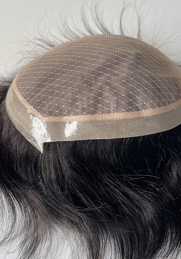 M-Lace | 6" 110% Dichte gespritzte dünne Haut Toupet für Männer gebleicht Knoten in Haaransatz mit Französisch Spitze und Seide Basis Spitze befestigt