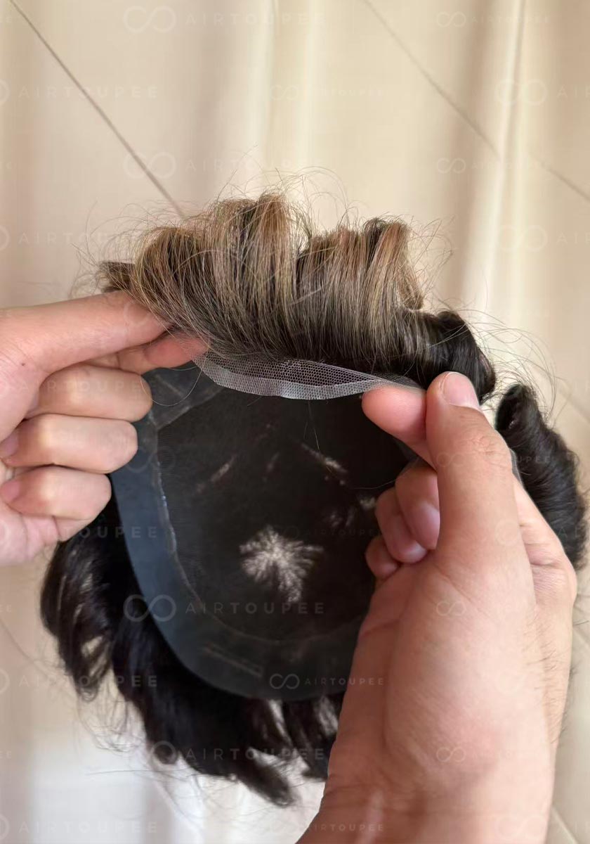 Hollywood | base 6x9 1B negro medio con algo de rubio miel en la línea frontal del cabello 100% densidad