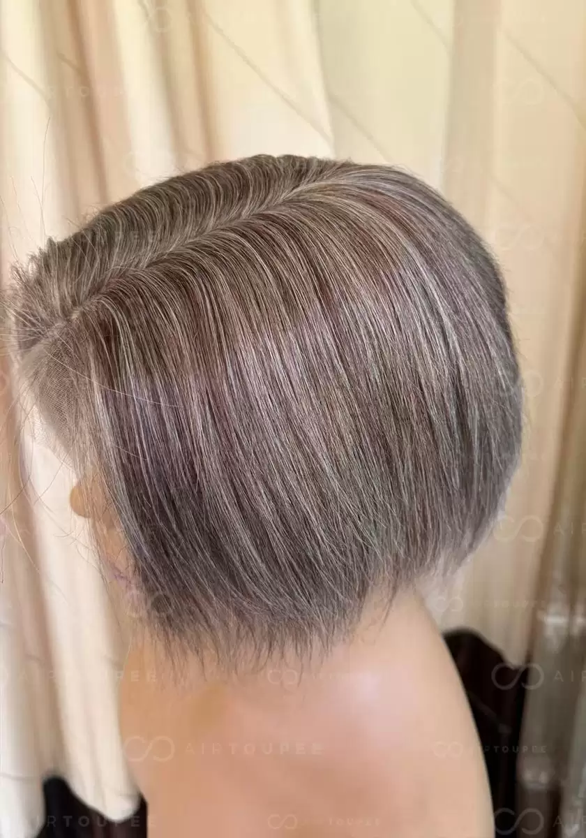 Size 9.5x6.3 inches with silk base brown color with 35% grey hair mixed lace in hairline very natural look