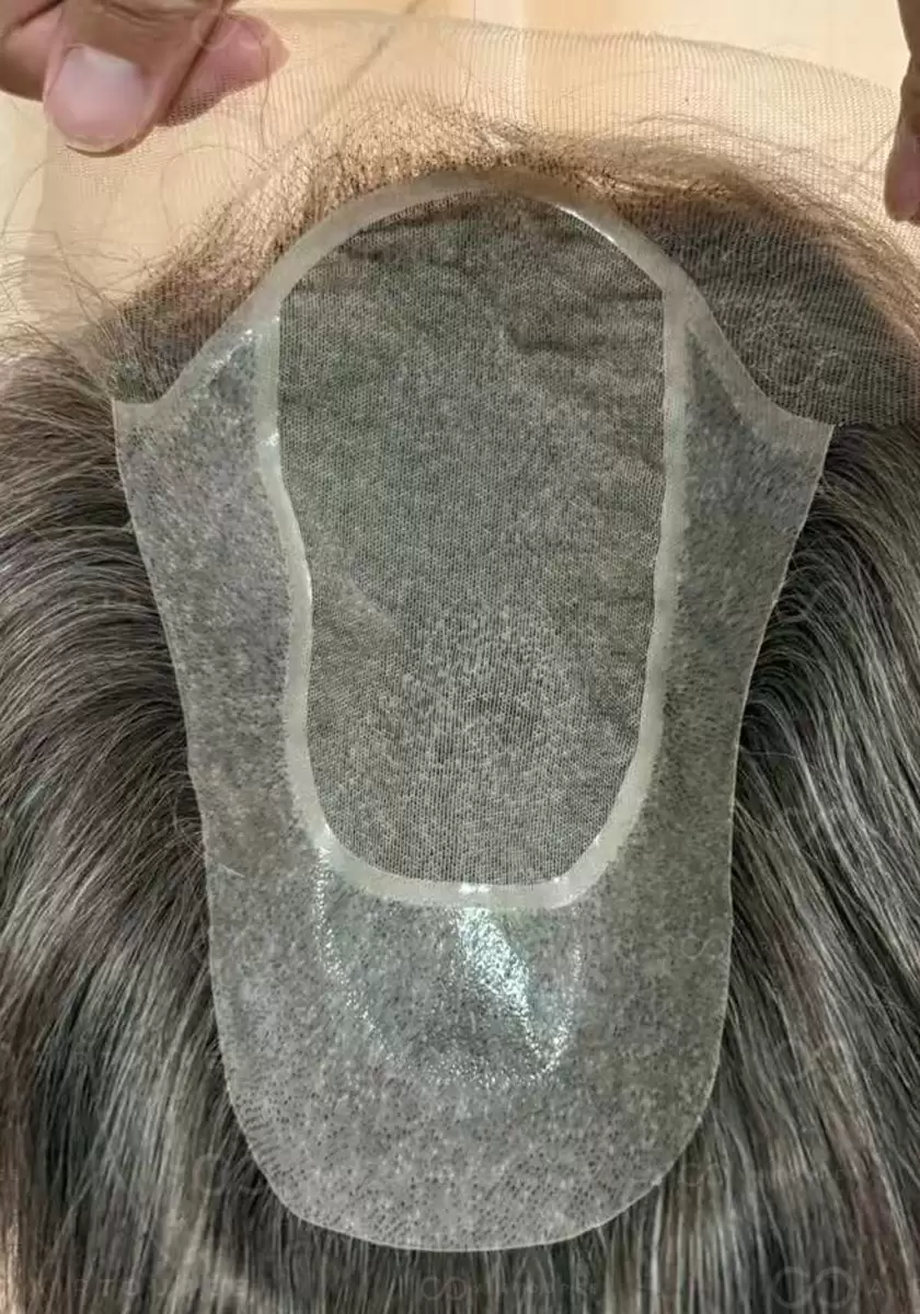 Size 9.5x6.3 inches with silk base brown color with 35% grey hair mixed lace in hairline very natural look