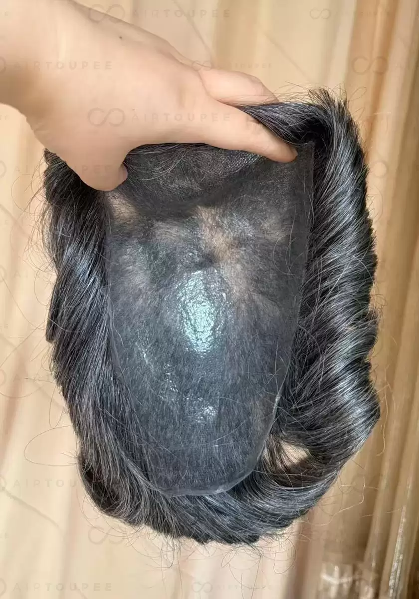 Thin skin V | Color 1B 40 medium black with 40% grey hair mixed 0.06 to 0.08 mm pu base 115% density size 8x10 inches can be cut into different sizes