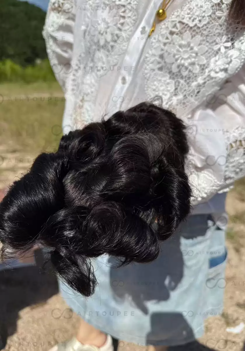 M-encaje | Tamaño 6x8 pulgadas 130% densidad toda la base de seda con pu alrededor de pelo negro natural