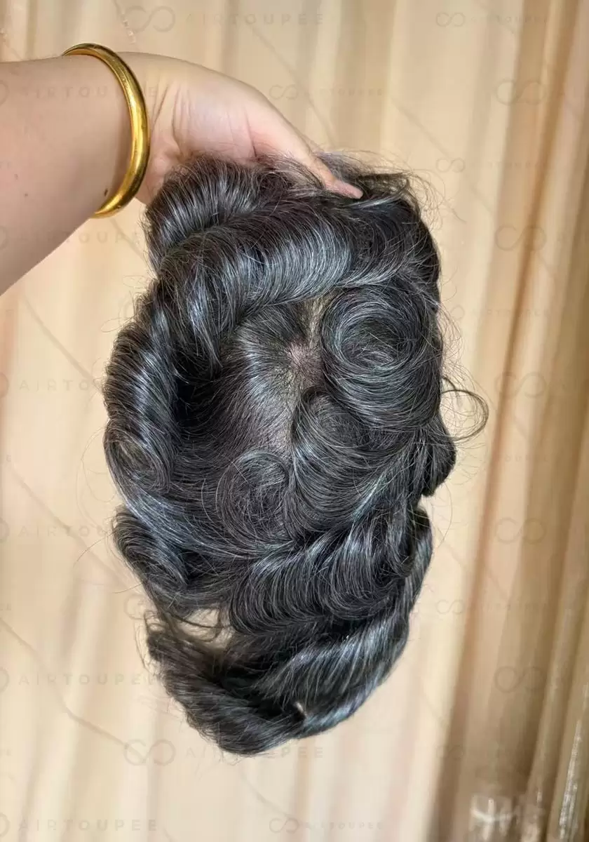 Thin skin V | Color 1B 40 medium black with 40% grey hair mixed 0.06 to 0.08 mm pu base 115% density size 8x10 inches can be cut into different sizes