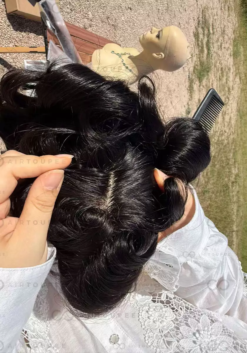 M-encaje | Tamaño 6x8 pulgadas 130% densidad toda la base de seda con pu alrededor de pelo negro natural