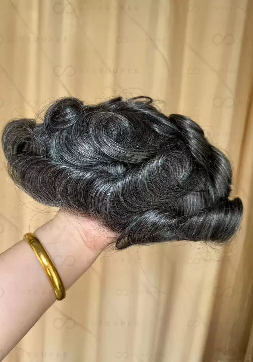 Thin skin V | Color 1B 40 medium black with 40% grey hair mixed 0.06 to 0.08 mm pu base 115% density size 8x10 inches can be cut into different sizes