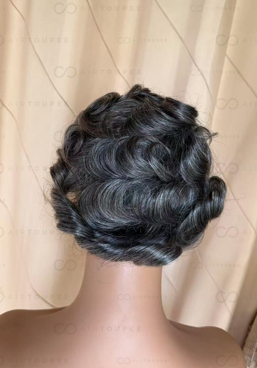 Thin skin V | Color 1B 40 medium black with 40% grey hair mixed 0.06 to 0.08 mm pu base 115% density size 8x10 inches can be cut into different sizes