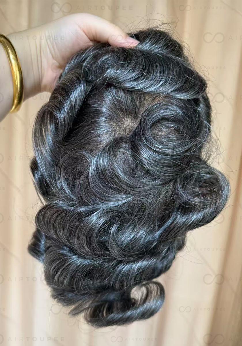 Thin skin V | Color 1B 40 medium black with 40% grey hair mixed 0.06 to 0.08 mm pu base 115% density size 8x10 inches can be cut into different sizes