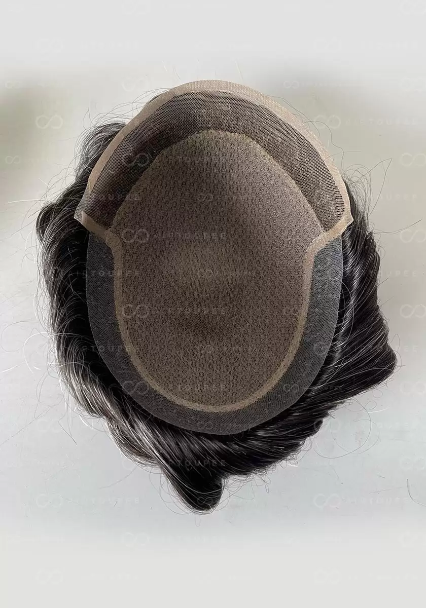 M-encaje｜Talla 7x9 color 1B30 negro medio mezclado con 30% base de seda de pelo gris con encaje en la parte delantera pu en la parte posterior