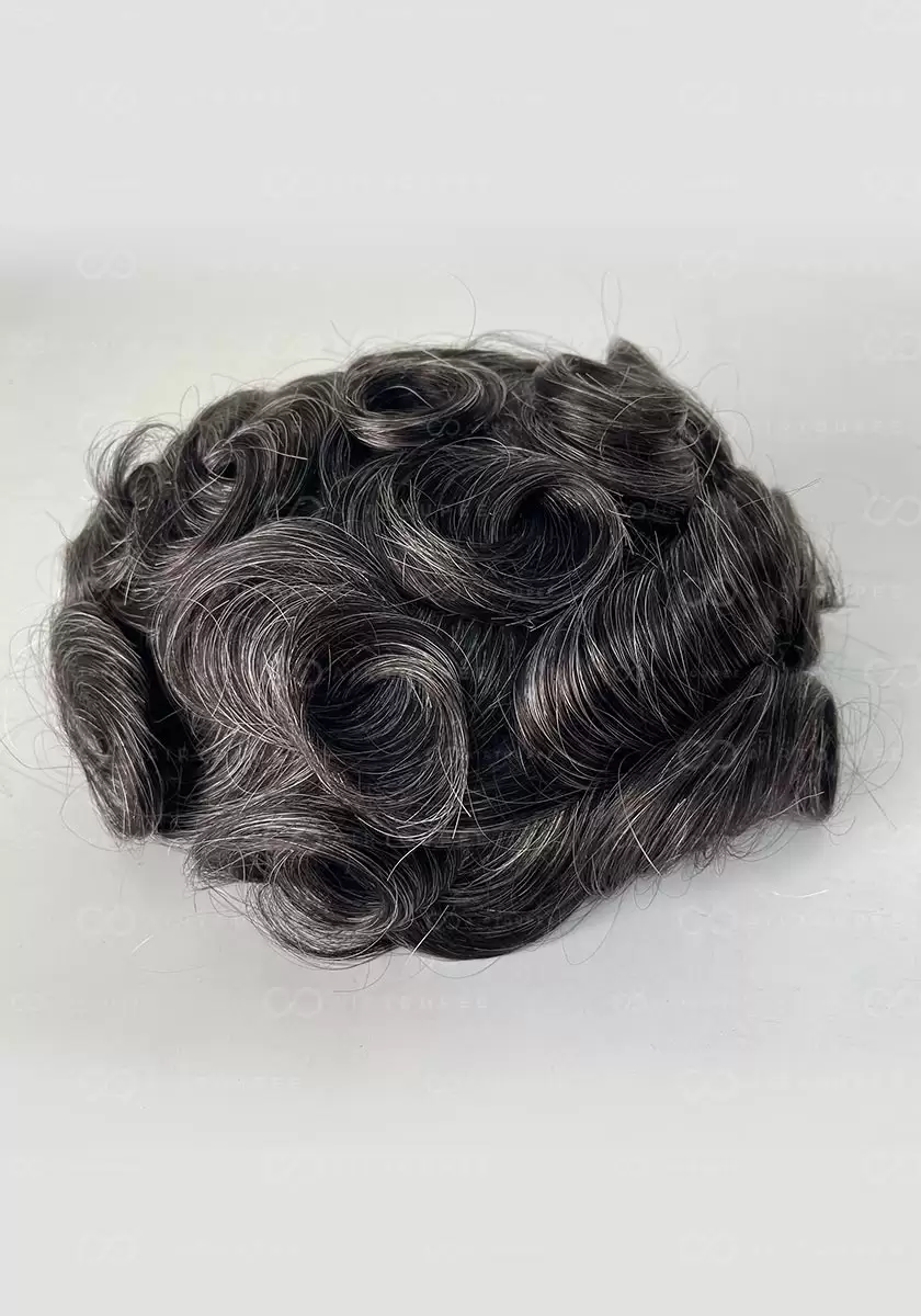 M-encaje｜Talla 7x9 color 1B30 negro medio mezclado con 30% base de seda de pelo gris con encaje en la parte delantera pu en la parte posterior