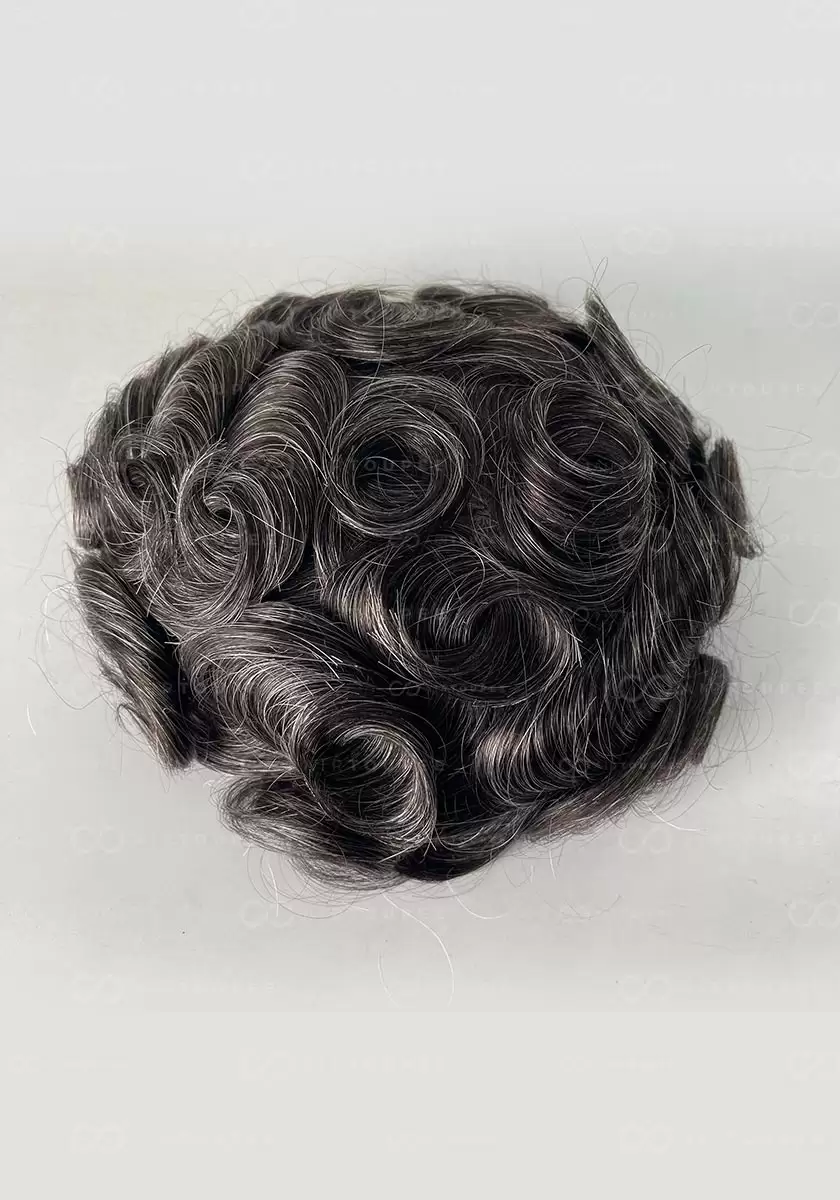 M-encaje｜Talla 7x9 color 1B30 negro medio mezclado con 30% base de seda de pelo gris con encaje en la parte delantera pu en la parte posterior