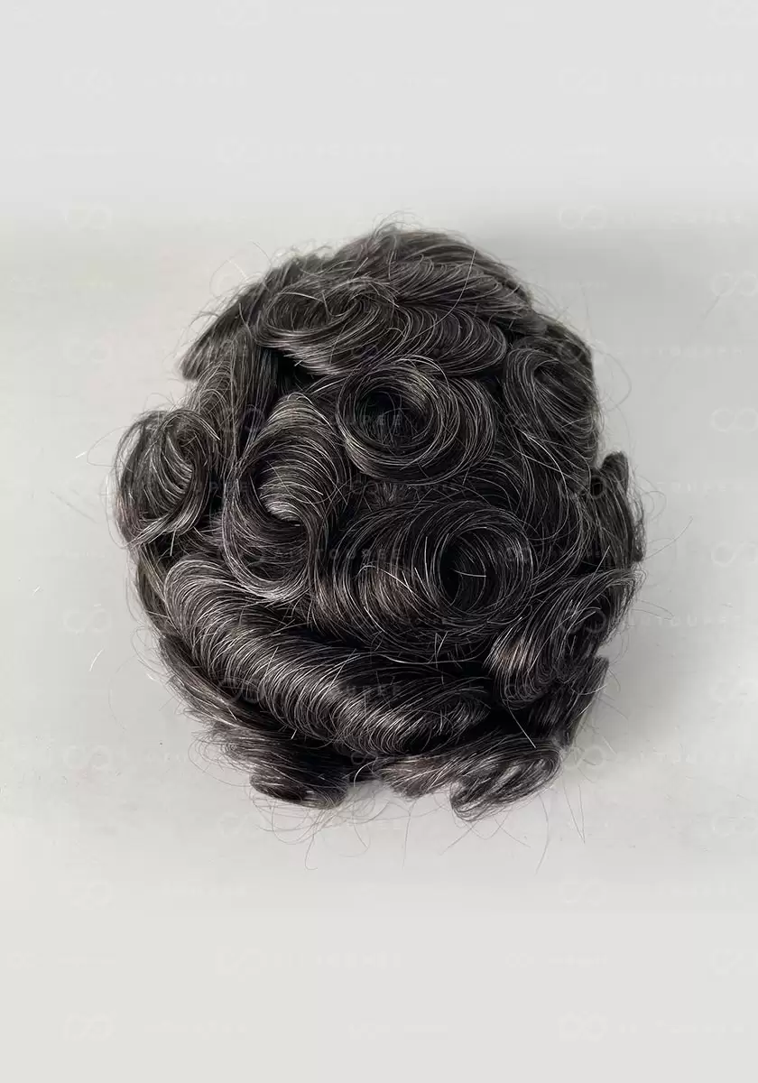 M-encaje｜Talla 7x9 color 1B30 negro medio mezclado con 30% base de seda de pelo gris con encaje en la parte delantera pu en la parte posterior