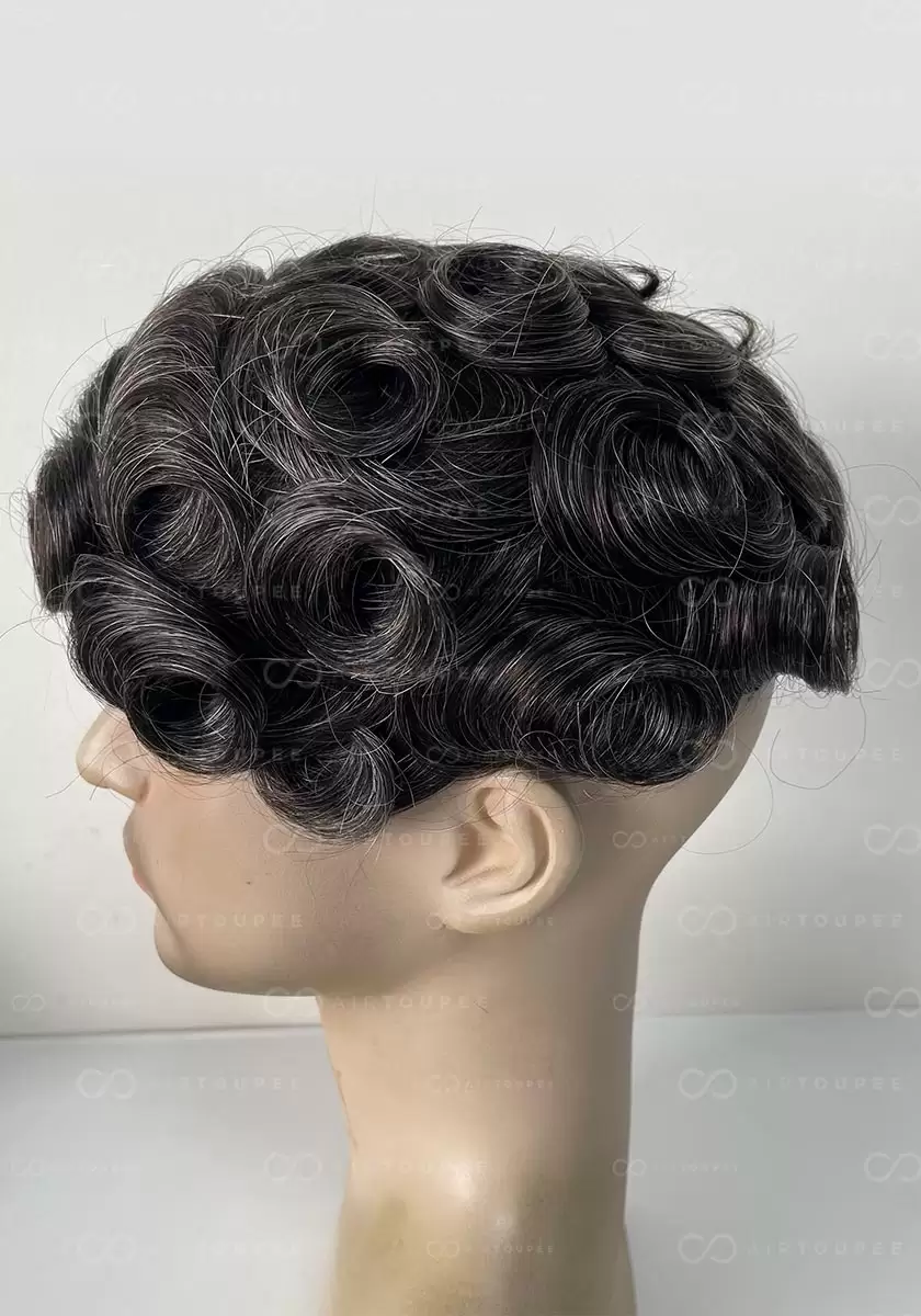M-encaje｜Talla 7x9 color 1B30 negro medio mezclado con 30% base de seda de pelo gris con encaje en la parte delantera pu en la parte posterior
