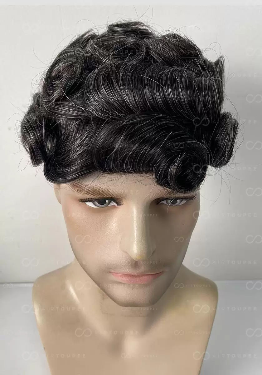 M-encaje｜Talla 7x9 color 1B30 negro medio mezclado con 30% base de seda de pelo gris con encaje en la parte delantera pu en la parte posterior